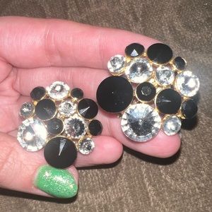 Vintage Black & White Rhinestone Clip On Earrings
